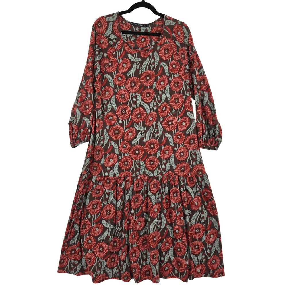 Gudrun Sjoden Organic Cotton Floral Tiered Midi Dress Red Brown Large Lagenlook